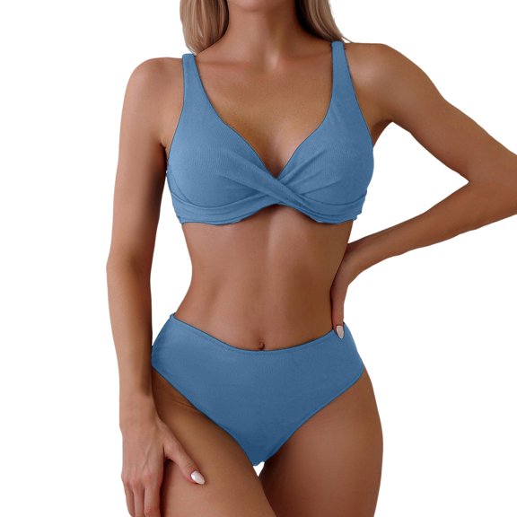 Womens Bikinis Solid Color Strappy Sexy Push Up Bra And Panty Swimsuits Set Vintage Two Piece Tankinis Swimsuits Set Swimwears Holiday Wear,Blue,S