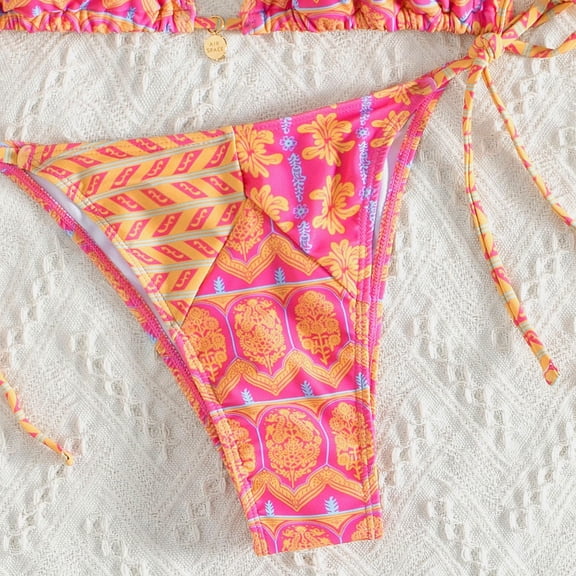 Womens Bikinis Summer Floral Print Lace Up Halter Bra With Thongs Sexy Two Piece Tankinis Sets Swimsuits Bathing Suits