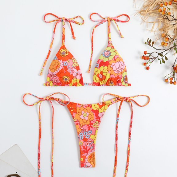 Womens Bikinis Summer Floral Print Lace Up Spaghetti Strap Sexy Bra With Thongs Two Piece Tankinis Sets Swimsuits Beachwear