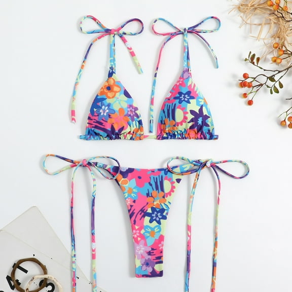 Womens Bikinis Summer Floral Print Lace Up Spaghetti Strap Sexy Bra With Thongs Two Piece Tankinis Sets Swimsuits Holiday Wear