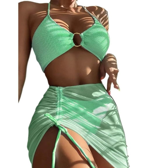 Womens Bikinis Summer Solid Color Halter Bra With Briefs Cover Up Skirt Three Piece Tankinis Sets Swimsuits Activewear