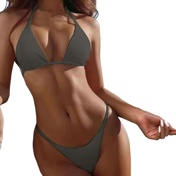 Womens Bikinis Summer Solid Color Halter Bra With Thongs Two Piece Tankinis Sets Swimsuits Activewear