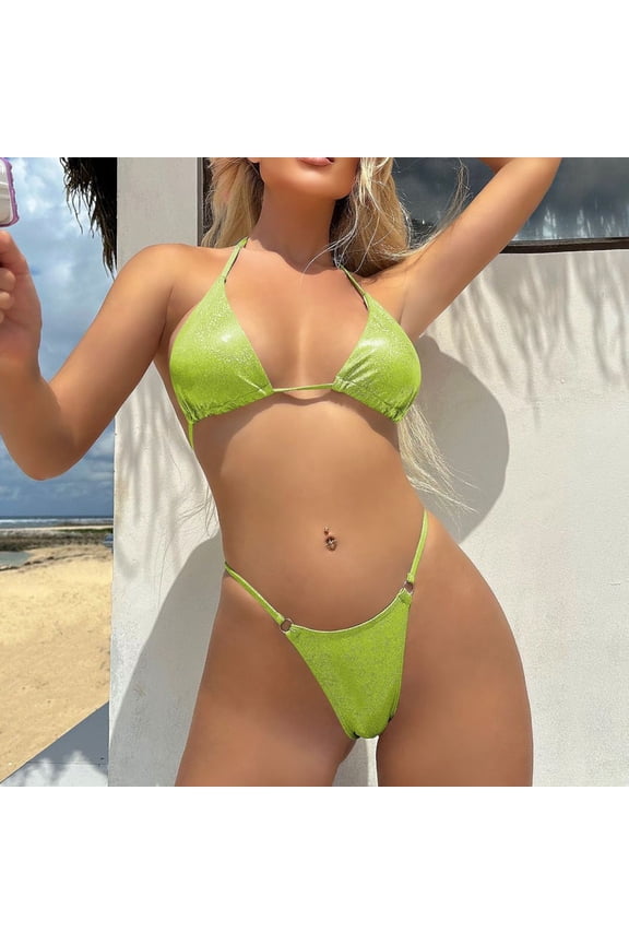 Womens Bikinis Summer Solid Color Sparkling Halter Bra And Thong Two Pieces Tankinis Sets Swimsuits Beachwear