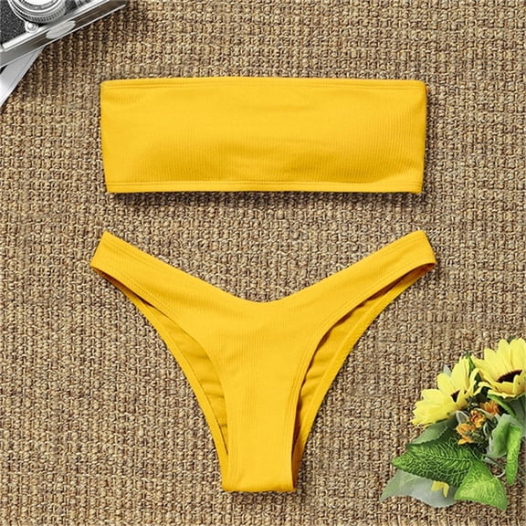 Womens Bikinis Summer Solid Color Strapless Bra With Thongs Tankinis Two Piece Swimsuits Sets