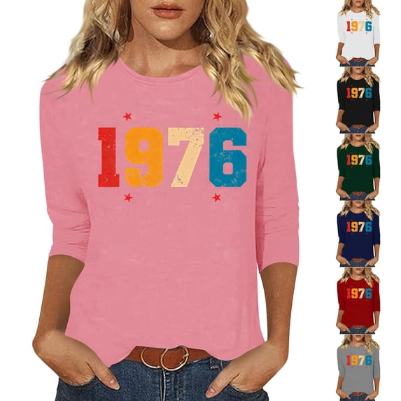 Womens Birthday T Shirts 1976 Graphic Print Crew Neck 3/4 Length Sleeve Pullover Tops Casual Vintage Tees (XL, Pink)