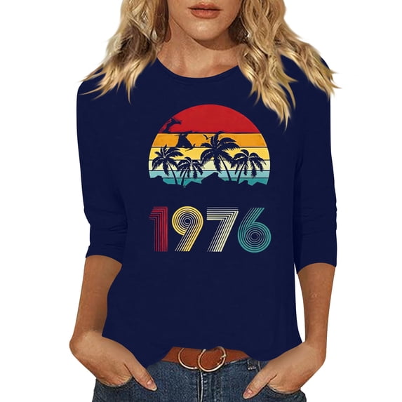 Womens Birthday T Shirts 1976 Graphic Print Crew Neck 3/4 Length Sleeve Pullover Tops Casual Vintage Tees (XXL, Blue)
