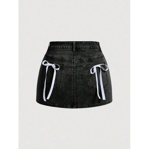 Womens Black 2 Washed Denim Mini Skirt With White Bow-Tie Pocket Details