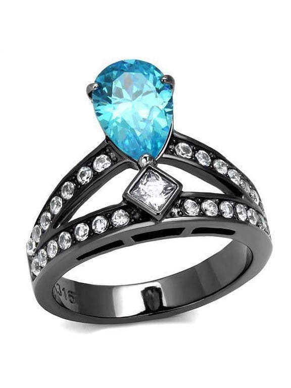 Womens Black Aquamarine Ring Anillo Para Mujer 316L Stainless Steel Ring with AAA Grade CZ in Sea Blue Youra