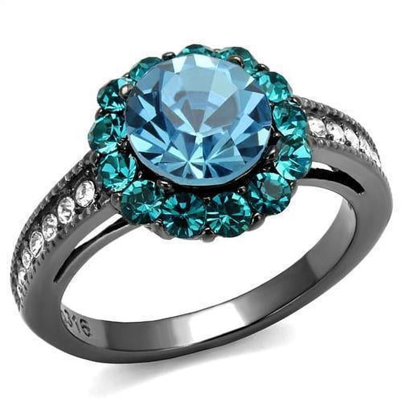 Womens Black Aquamarine Ring Anillo Para 316L Stainless Steel Ring with Top Grade Crystal in Sea Blue Lillia