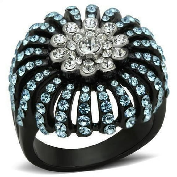 Womens Black Aquamarine Ring Anillo Para 316L Stainless Steel Ring with Top Grade Crystal in Sea Blue Vicenza