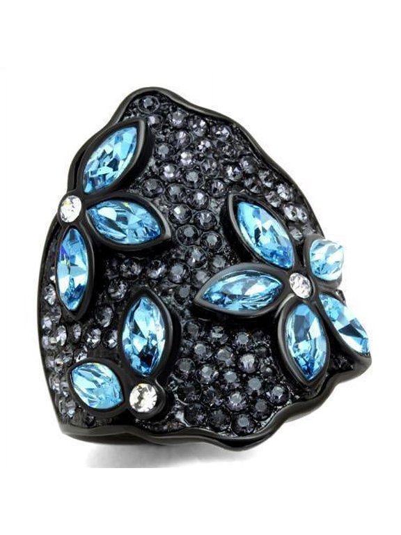 Womens Black Aquamarine Ring Anillo Para Mujer Stainless Steel Ring with Top Grade Crystal in Sea Blue Lucca