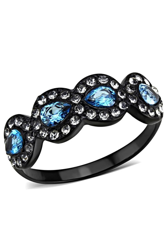 Womens Black Aquamarine Ring Anillo Para Mujer 316L Stainless Steel Ring with AAA Grade CZ in Sea Blue Kim