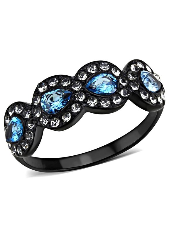 Womens Black Aquamarine Ring Anillo Para Mujer Stainless Steel Ring with AAA Grade CZ in Sea Blue Kim