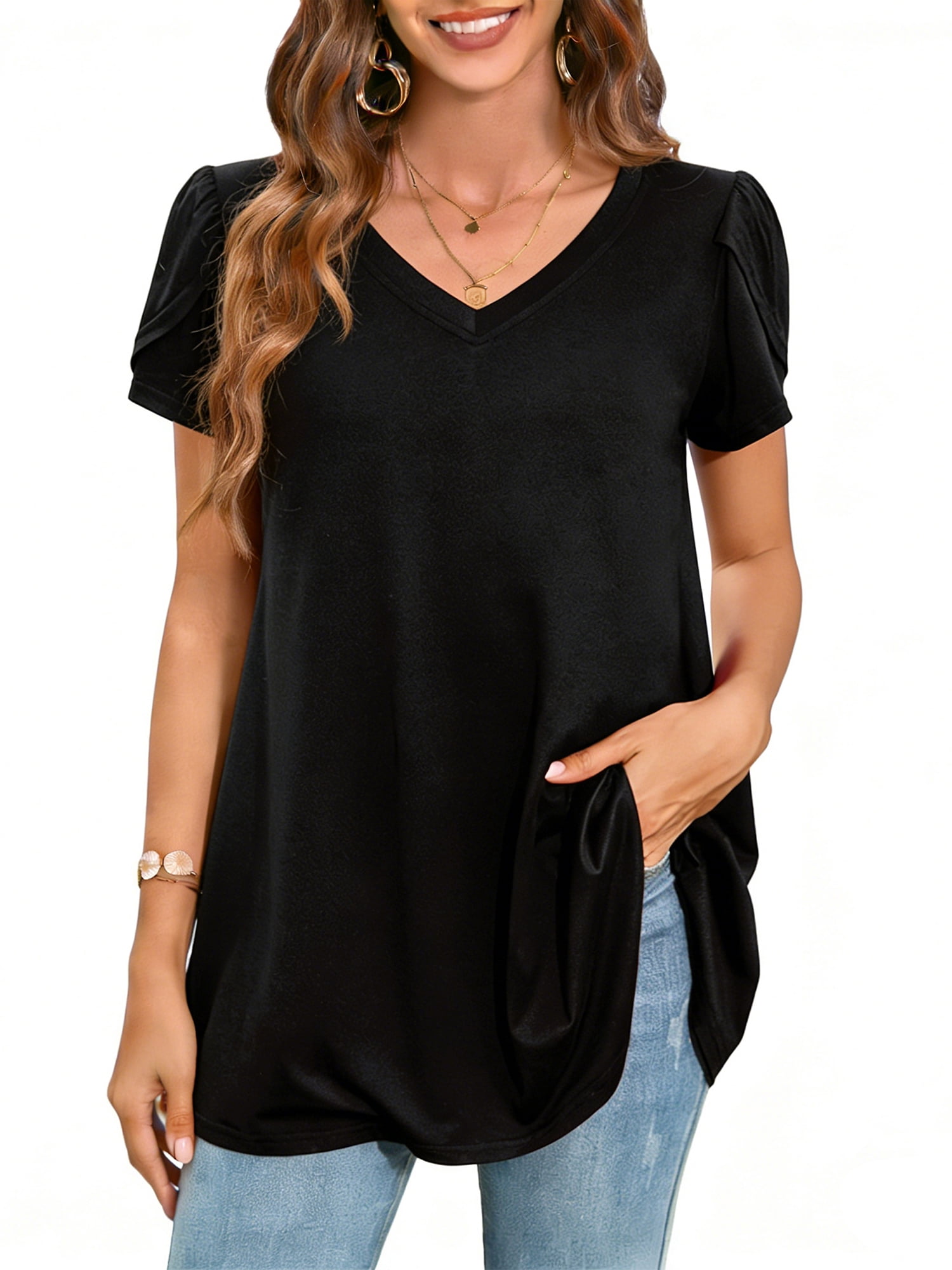 Womens Black Blouses V Neck Loose Dressy Shirts Petal Short Sleeve Plus ...