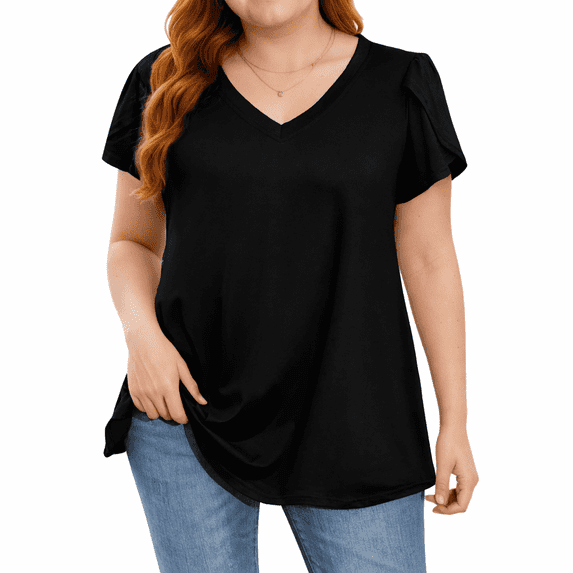 Womens Black Blouses V Neck Loose Dressy Shirts Petal Short Sleeve Plus Size Summer Tunic Tops