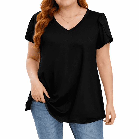 Womens Black Blouses V Neck Loose Dressy Shirts Petal Short Sleeve Plus Size Summer Tunic Tops