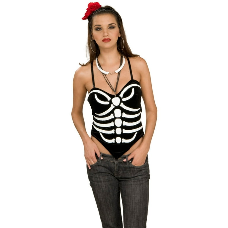 Womens Black Bone Print Skeleton Corset Top M