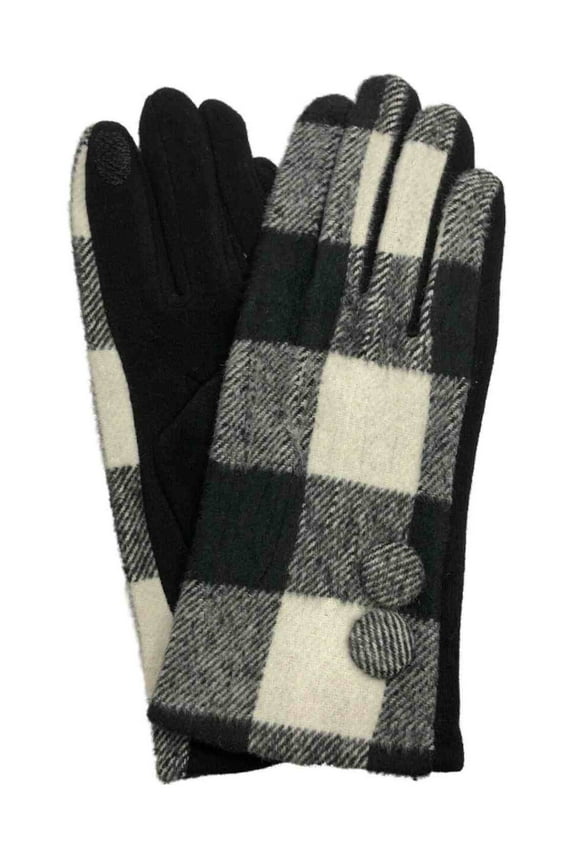 Womens Black Buffalo Plaid Button Stretch Fit Texting & Tech Touchscreen Gloves