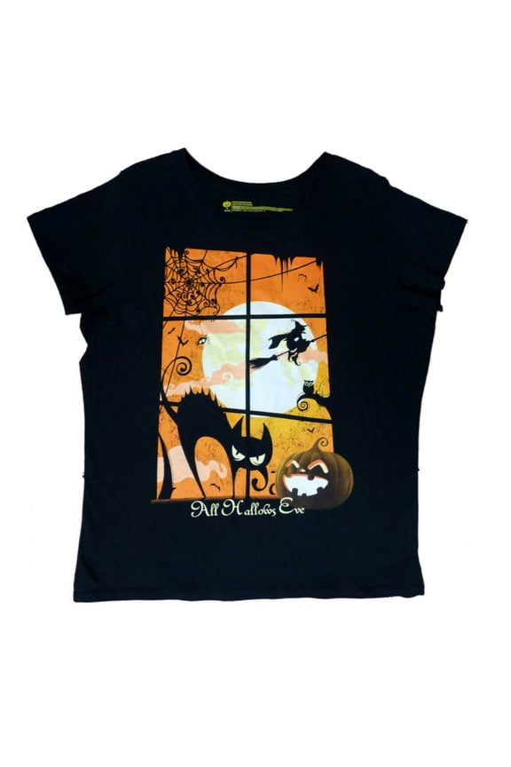 Womens Black Cat All Hallows Eve T-Shirt Spooky Witch Shirt