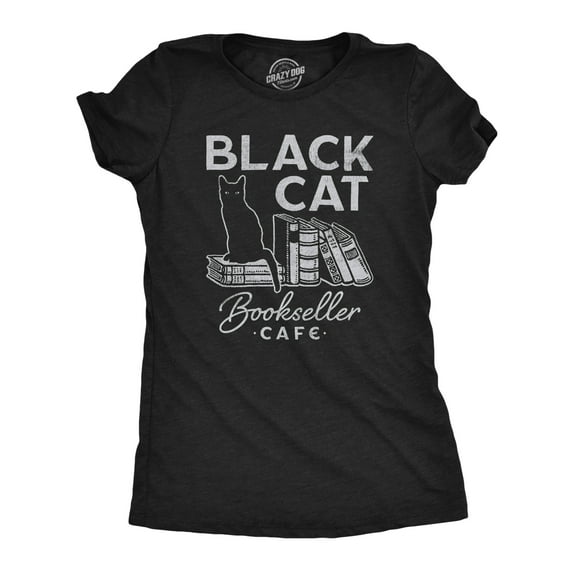 Womens Black Cat Bookseller Cafe T Shirt Funny Halloween Book Lovers Novelty Tee for Ladies Womens Graphic Tees