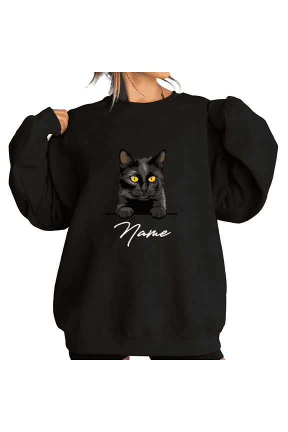 Womens Black Cat Print Crewneck Sweatshirt Oversized Black Customizable Name Pet Lover Gift Cozy Casual Daily Wear Pullover Top S-3XL