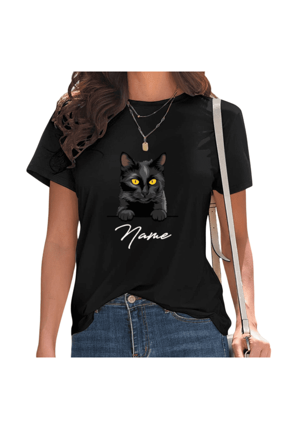Womens Black Cat Print Tshirt Graphic Tees Shirts Black Cat Lover Casual Daily Wear Halloween Gift Tops S-5XL
