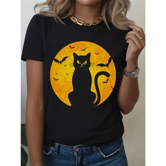 Womens Black Cat Tee Top Black S-5XL Casual Short sleeves  for casual versatility A Must-Have Spring and Summer Top