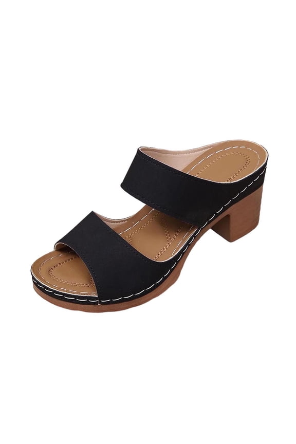 Womens Black Chunky Block Heel Two Strap Slide Sandals - Open Toe Platform Slip On Comfortable Cushioned Summer Shoes,Size 6.5