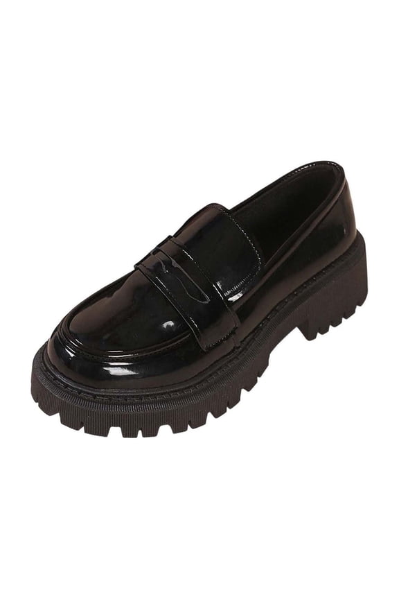Womens Black Chunky Patent Faux Leather Platform Penny Loafers, Slip-on Lug Sole Shoes with Non-slip Rubber Outsole, Comfortable Y2K Style,Size 9.5