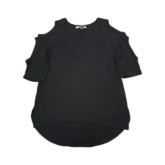 Womens Black Cold Shoulder Ruffle Short Sleeve T-Shirt Top Shirt M