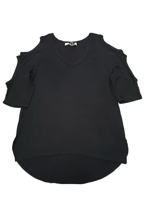 Womens Black Cold Shoulder Ruffle Short Sleeve T-Shirt Top Shirt M