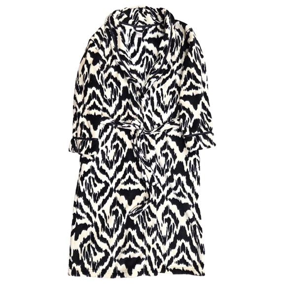 Womens Black & Cream Zebra Print Fleece Bathrobe Bath Robe Large