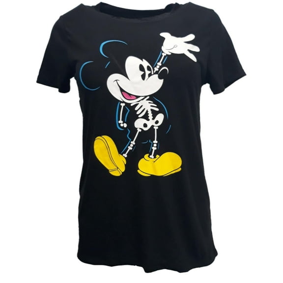 Womens Black Disney Skeleton Mickey Mouse Glow In The Dark Halloween T-Shirt