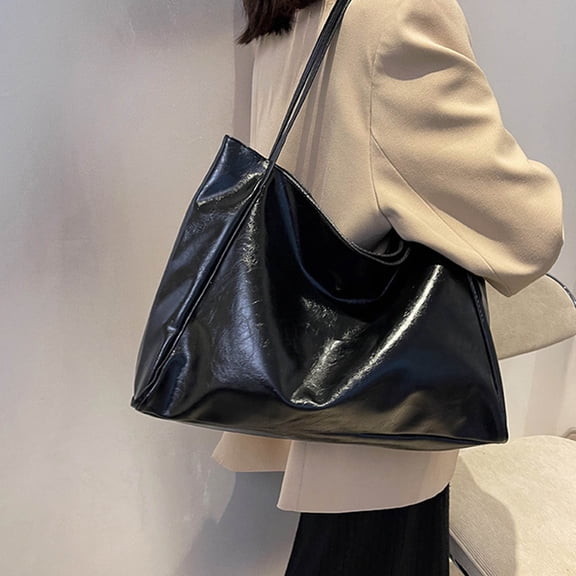 Womens Black Faux Faux Leather Tote Bag, Everyday Shoulder Bag & Work Tote Purse, Lightweight Versatile Carryall,Size Free Size