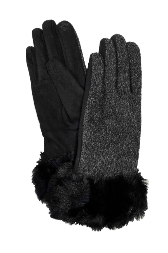 Womens Black Faux Fur Stretch Fit Text & Tech Touchscreen Driving Gloves