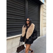 Womens Black Faux Leather Jacket with Reversible Faux Fur Collar, Warm