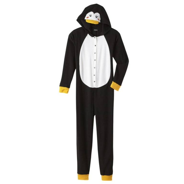 Womens Black Fleece Penguin Blanket Sleeper Pajama Union Suit M