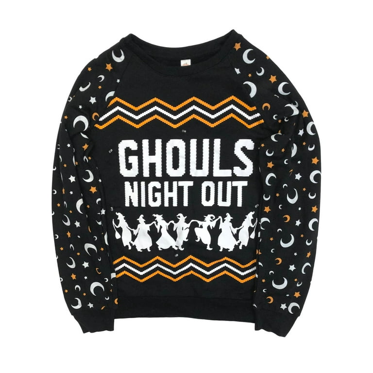 Womens Black Ghouls Night Out Light Up Halloween Sweatshirt Sweat Shirt Large 11 13