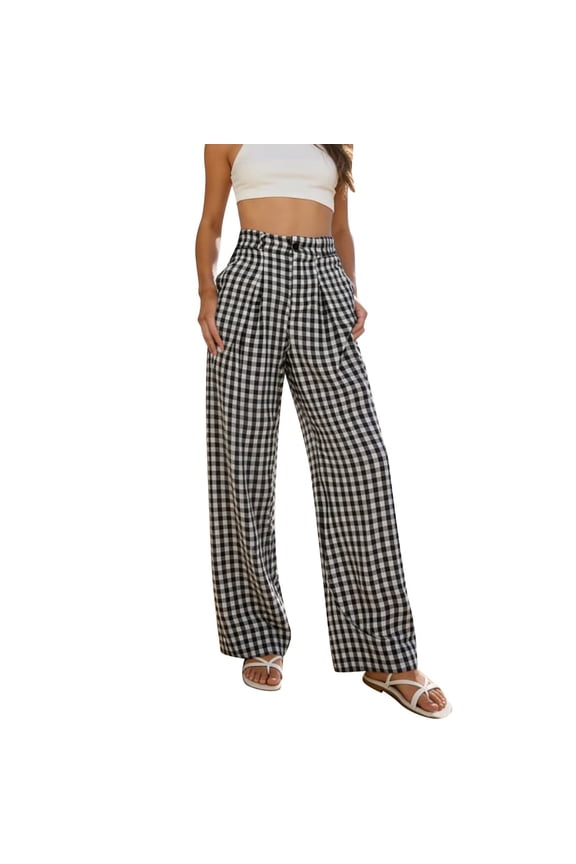 Womens Black Gingham Wide Leg Pants High Waisted Elastic Waist with Pockets Casual Flowy Trousers,Size 2XL