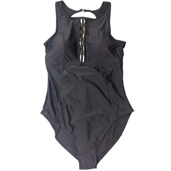 Womens Black & Gold Buckle One Piece Buckle V-Neck Accent Top Swimming Suit