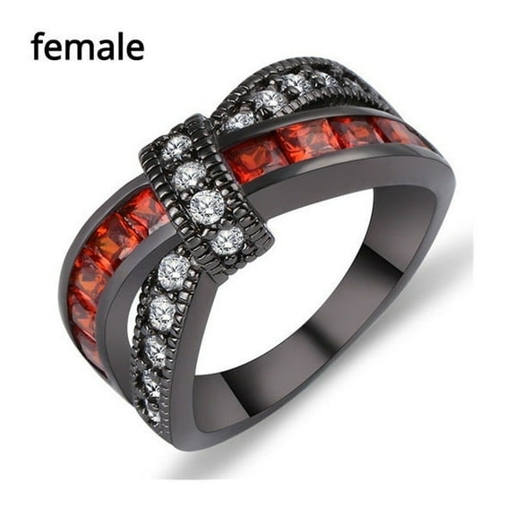 Womens Black Gold Tone Cross Ring Garnet Red Zircon Geometric Alloy Inlaid Jewelry For Women Elegant Statement Piece