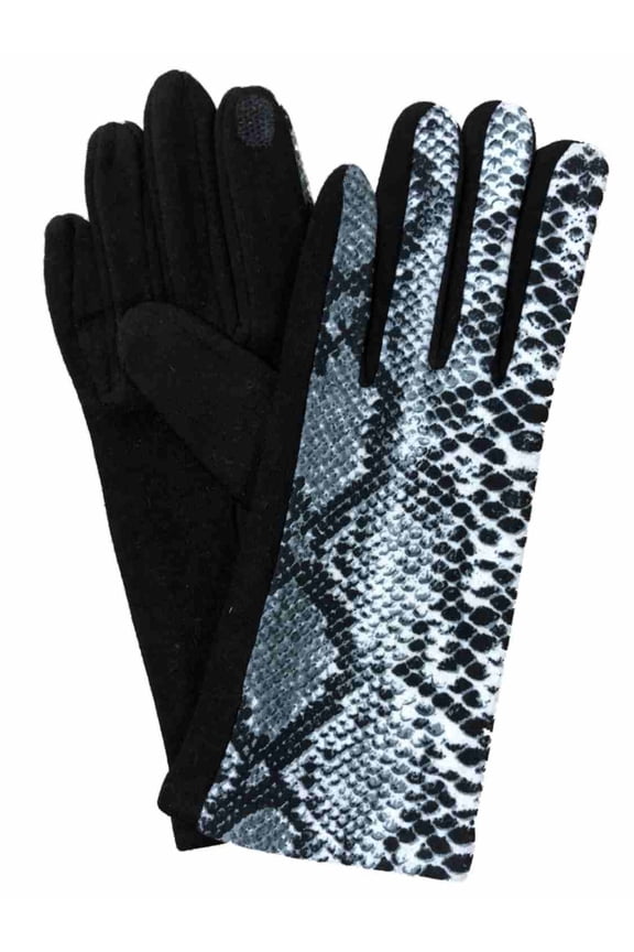 Womens Black & Gray Snake Print Soft Stretch Texting & Tech Touchscreen Gloves