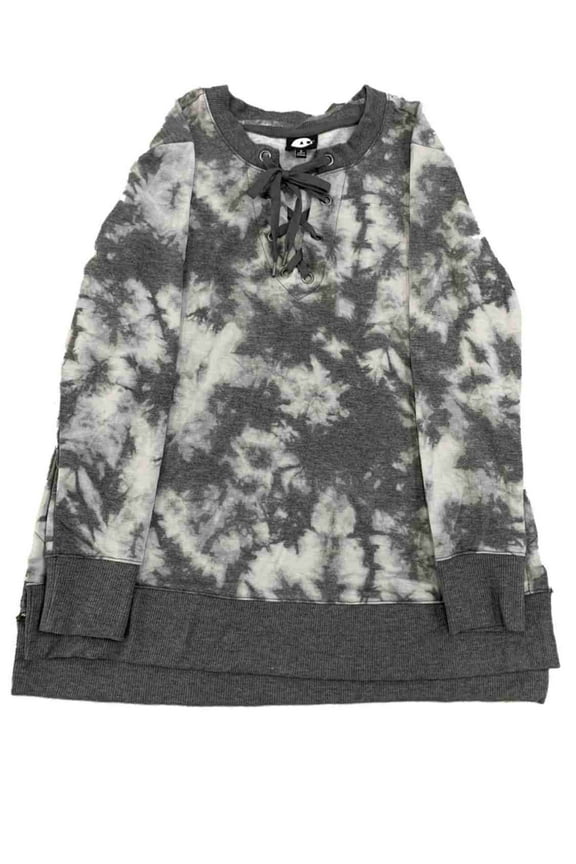 Womens Black & Grey Camo Front Lace-Up Lightweight Sweatshirt Shirt Top 2X