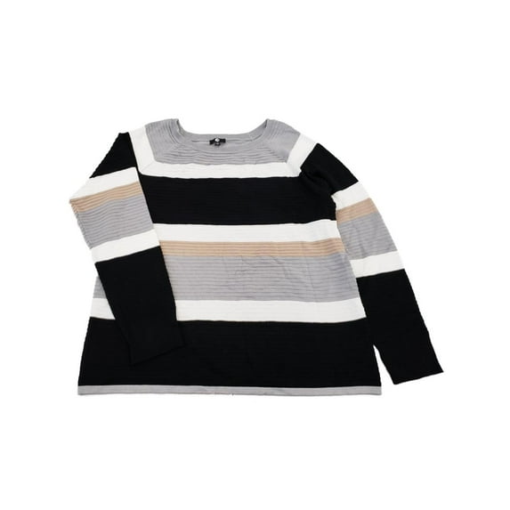 Womens Black Grey Tan White Stripe Ribbed Dressy Stretchy Sweater Top Shirt 2X