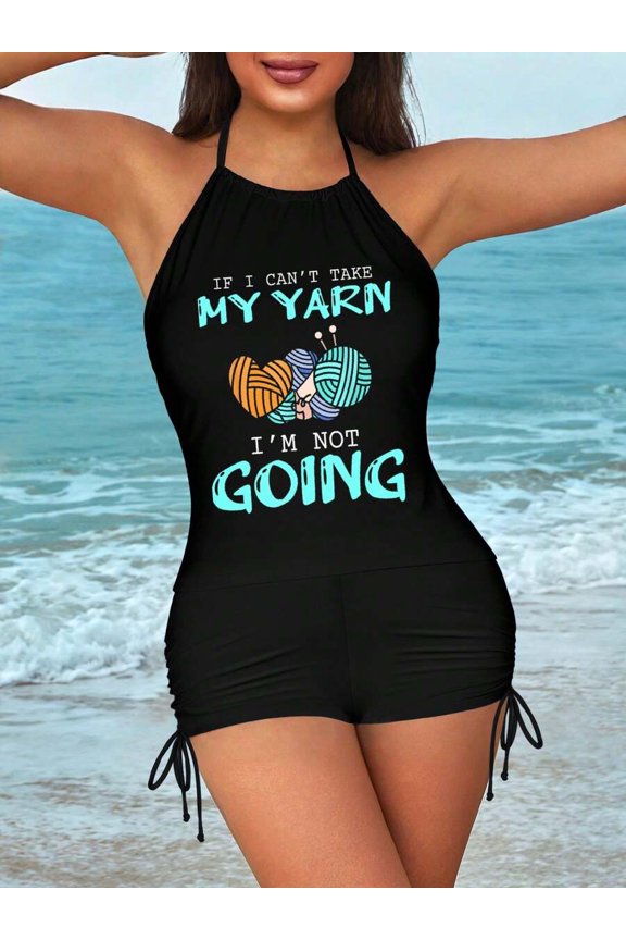 Womens Black Halter Tankini Set With Yarn Graphic Print Drawstring Shorts