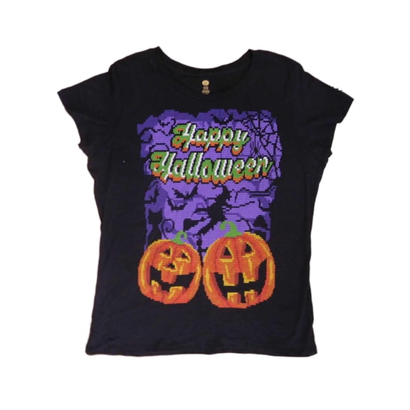Womens Black Happy Halloween T-Shirt Pixelated Pumpkin & Witch Tee Shirt Small