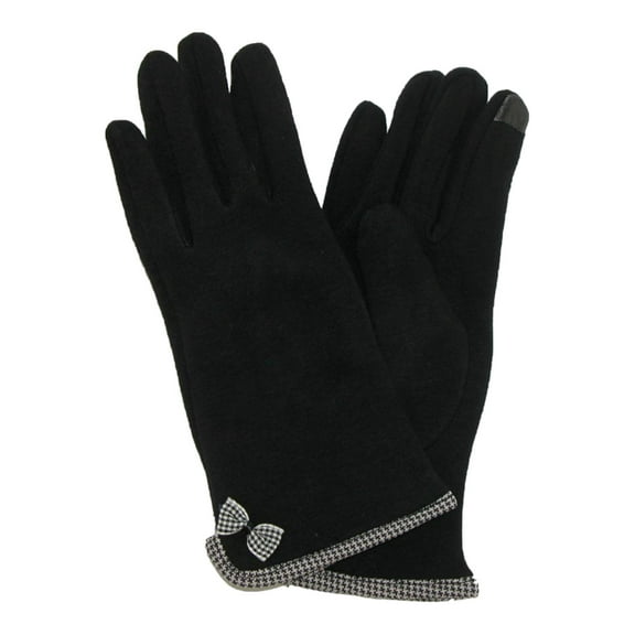 Womens Black & Houndstooth Bow Stretch Fit Texting & Tech Touchscreen Gloves