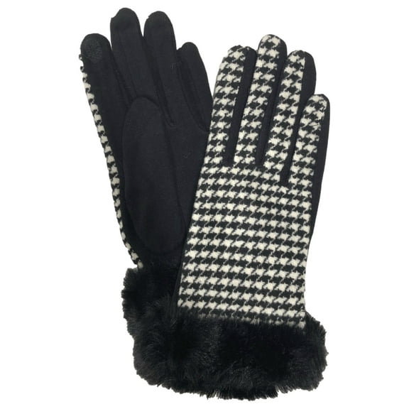 Womens Black Houndstooth Faux Fur Stretch Fit Texting & Tech Touchscreen Gloves