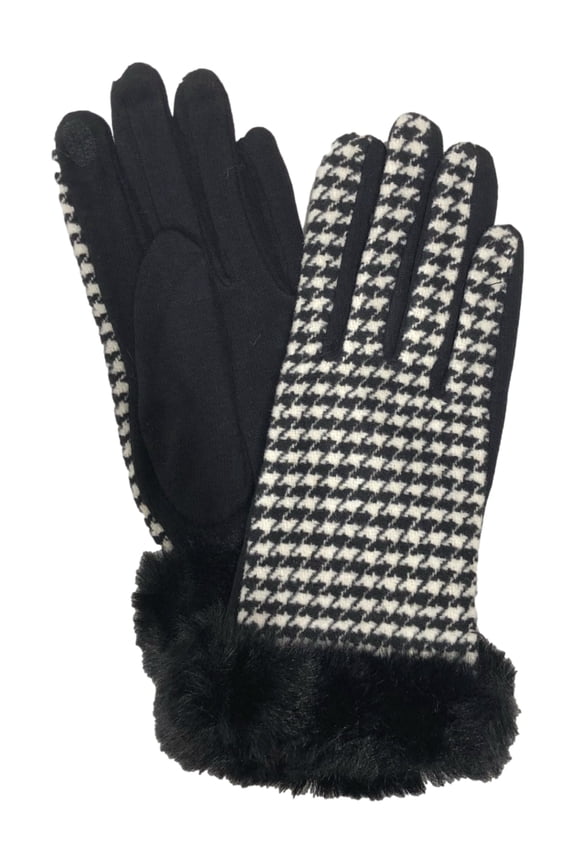 Womens Black Houndstooth Faux Fur Stretch Fit Texting & Tech Touchscreen Gloves