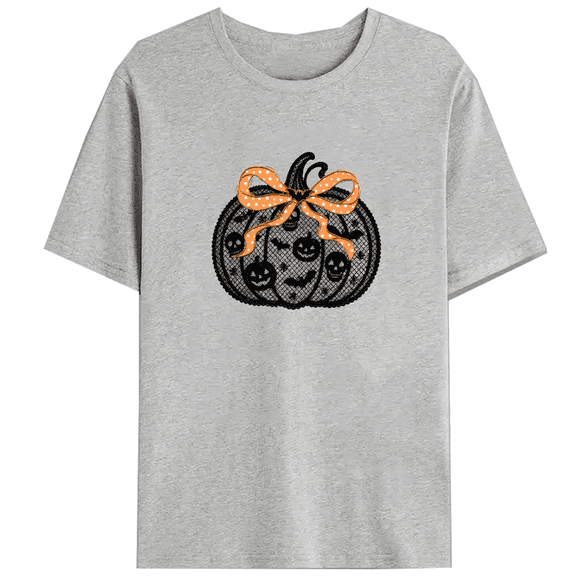Womens Black Lace Pumpkin Print T-shirts Coquette Halloween Graphic Tees Short Sleeve Casual Tops for Daily Outfits Cotton Shirts Thanksgiving Gift Gray,2XL